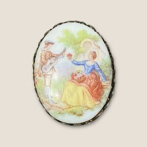 Victorian Signed Fragonard Porcelain Brooch With Romantic Scene